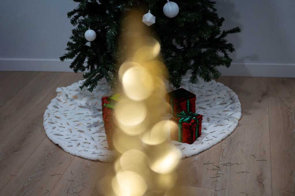 Christmas couples boudoir themeideas. This photo includes a fake gold christmas tree and a christmas tree with presents behind it.